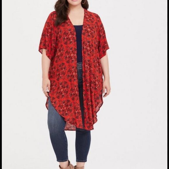 Torrid Floral Kimono Cardigan Open Front Red Black Plus Size 00/0 - Picture 1 of 6